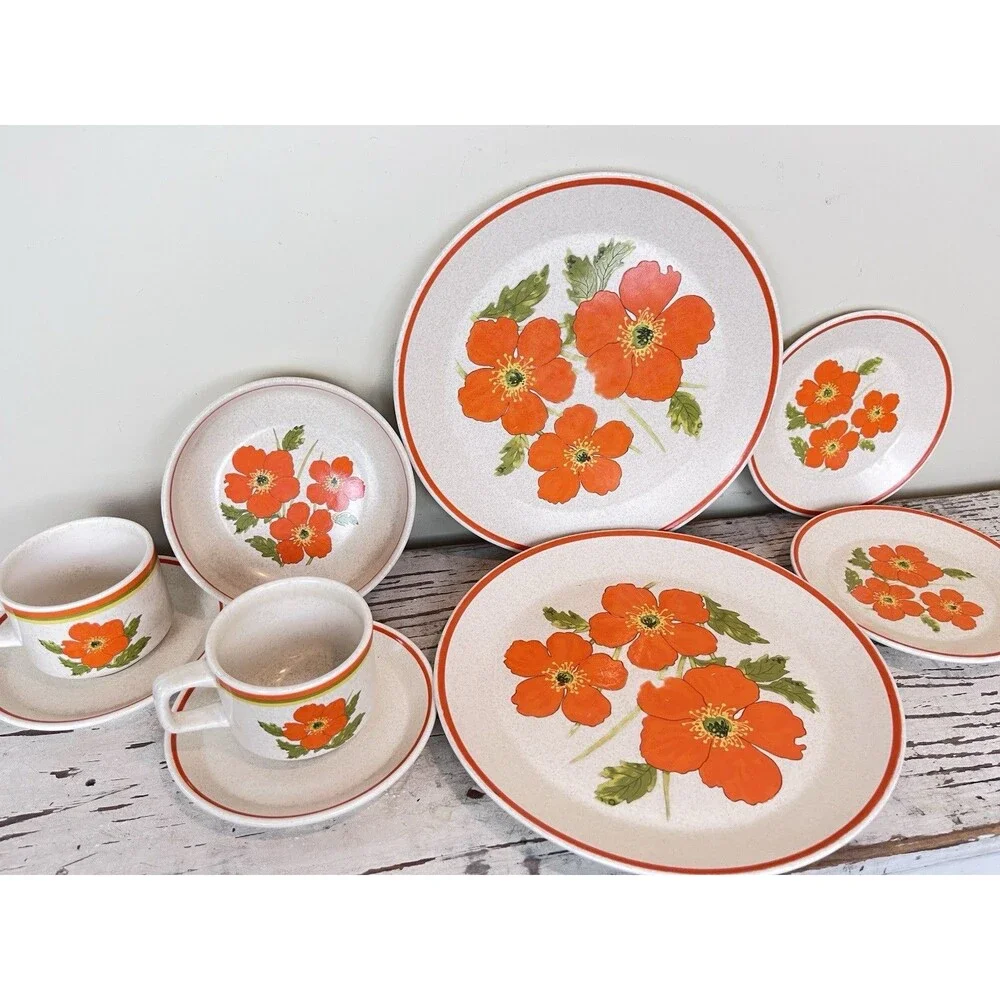 Vintage Lenox Dinnerware “Fire Flower” (Set Of 7) Retro Cottage Home 1970’s